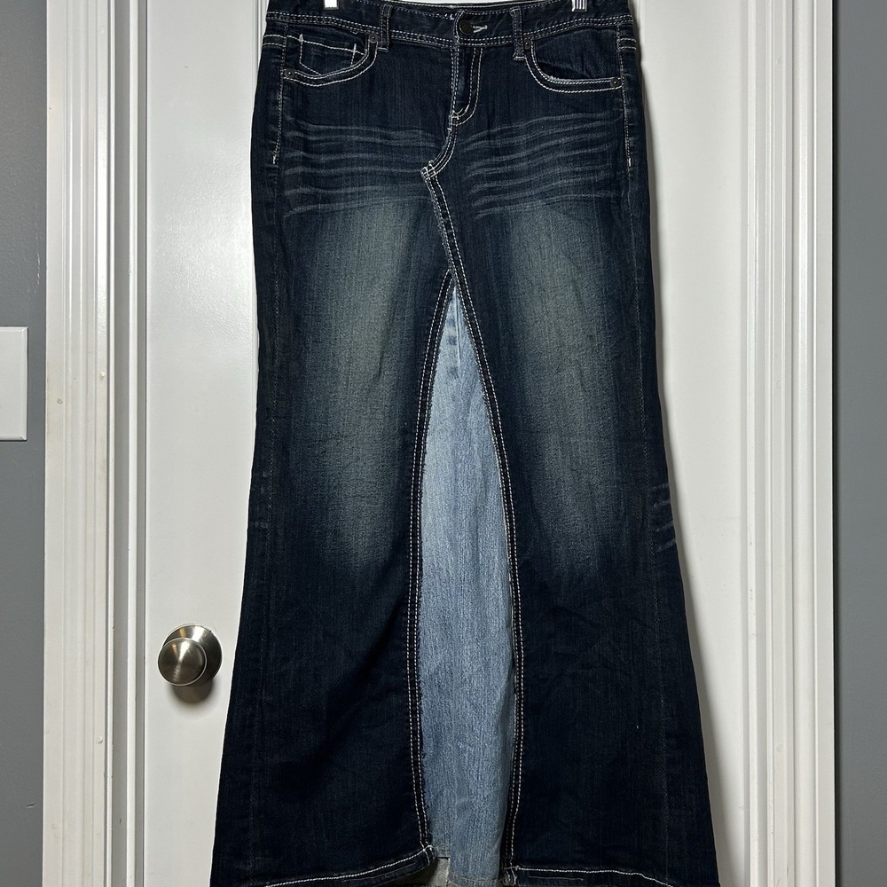 Maurices Vintage Y2K Two-Tone Contrast Panel Denim Maxi Skirt Western Boho Style